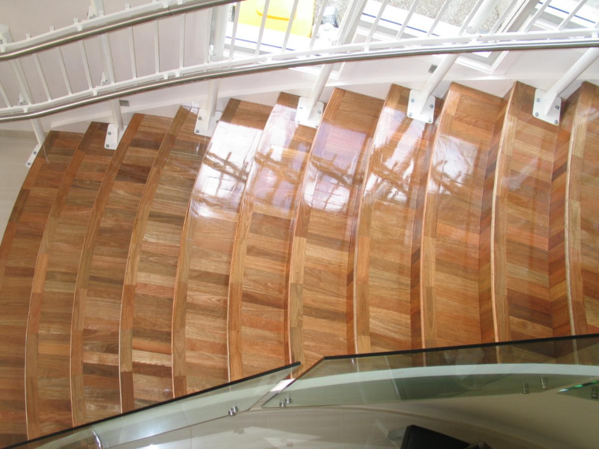 Spotted Gum block parquetry stairs in Chelmer, looking down the curve